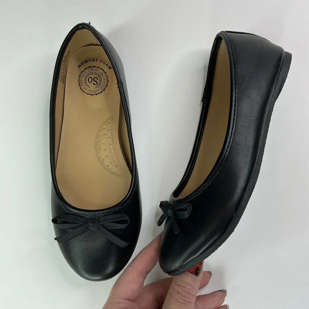 SO Black Ballet Flats Girls Size 1 Memory Foam Bow Detail Classic Dress Shoes